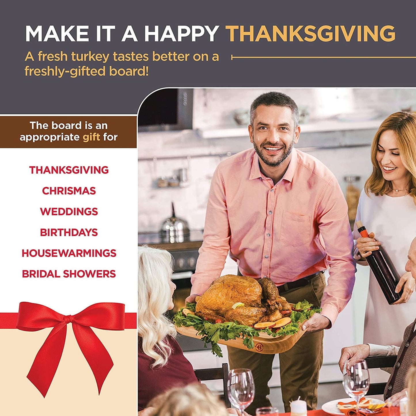 Turkey Platter for Thanksgiving - Carving Board for Turkey, Extra Large 18 X 13 Bamboo Cutting Board with Juice Groove - Reversible Butcher Block with Grid Grip & Deep Juice Well for Kitchen Gift Idea