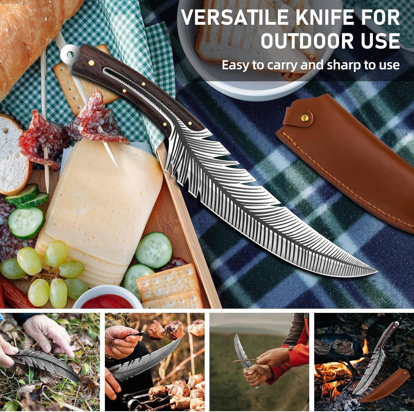Professional Chef Knives, Sharp Feather Boning Knife Hand Forged Knife High Carbon Steel Boning Knife for Meat Cutting Cooking Knife with Sheath for Kitchen Outdoor