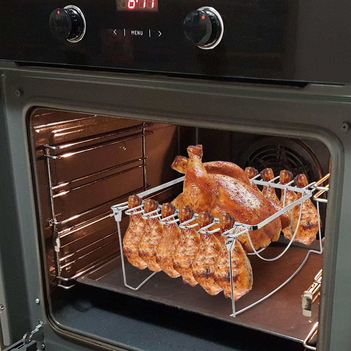 3-In-1 Rib Rack for Smoking & Chicken Leg Rack for Grill - Holds 6 Large Ribs, 12 Chicken Leg Wing, 1 Whole Chicken - Premium Foldable Space-Saving Chicken Drumstick Rib Racks for Grilling & Smoking