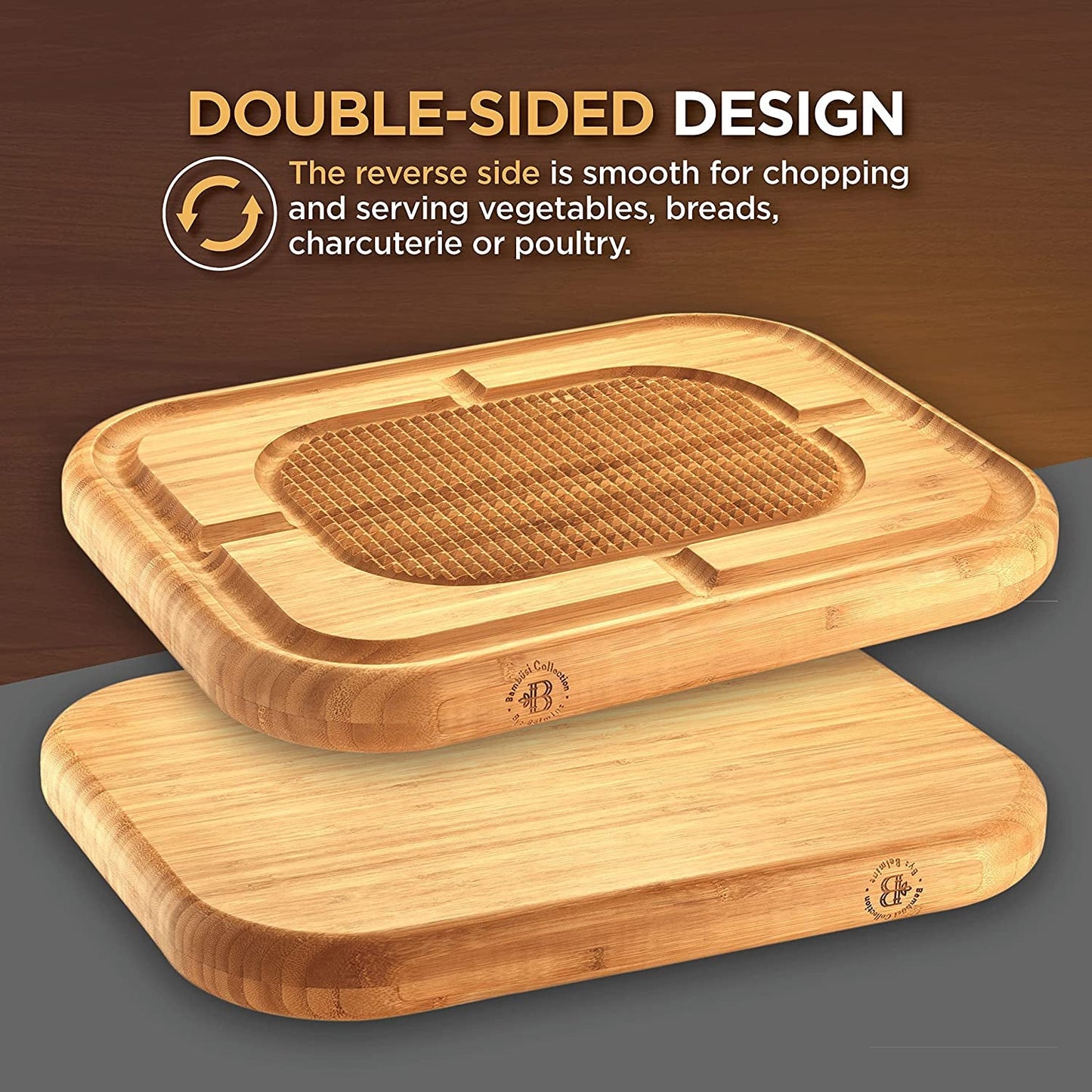 Turkey Platter for Thanksgiving - Carving Board for Turkey, Extra Large 18 X 13 Bamboo Cutting Board with Juice Groove - Reversible Butcher Block with Grid Grip & Deep Juice Well for Kitchen Gift Idea