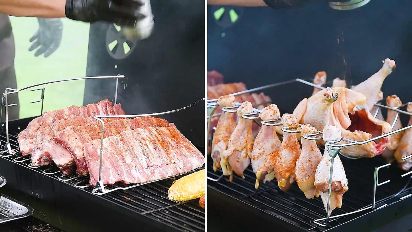 3-In-1 Rib Rack for Smoking & Chicken Leg Rack for Grill - Holds 6 Large Ribs, 12 Chicken Leg Wing, 1 Whole Chicken - Premium Foldable Space-Saving Chicken Drumstick Rib Racks for Grilling & Smoking
