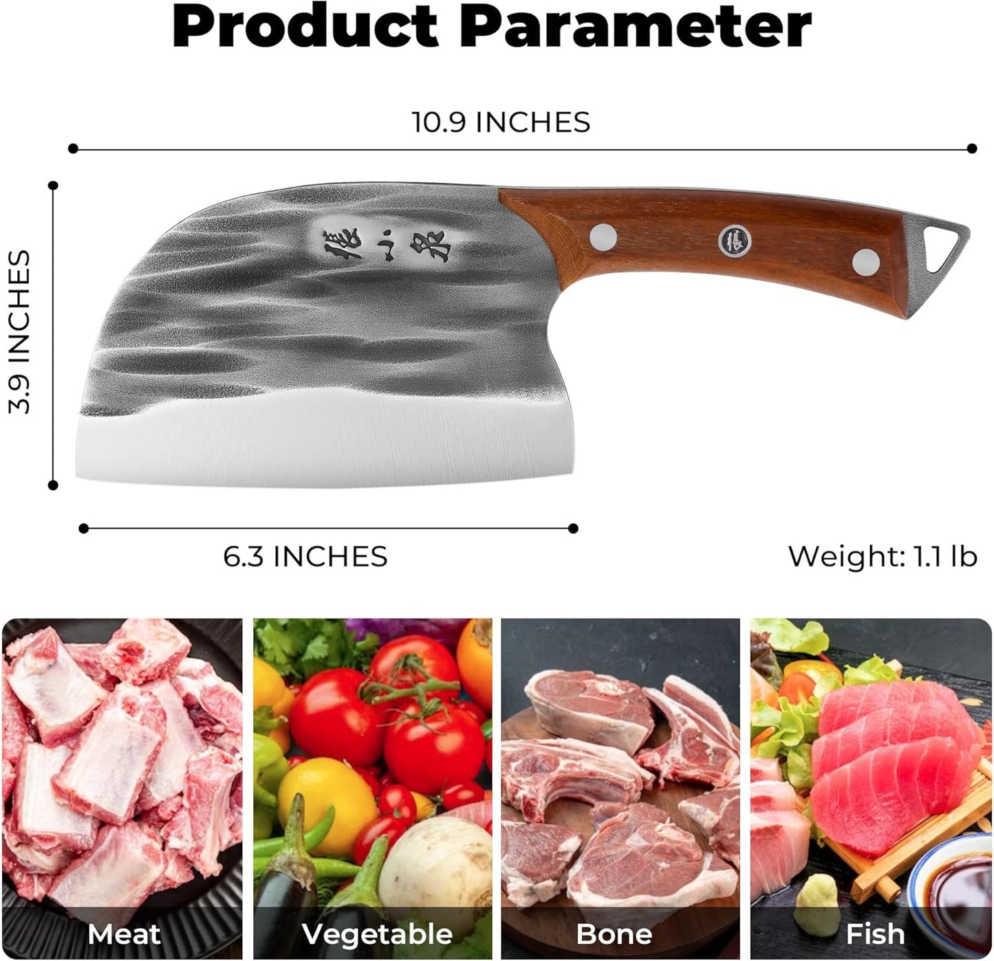 Handmade Forged Ancient round Head Slicing Knife, Stainless Steel Professional Chinese Chopper Knife for Meat and Vegetable