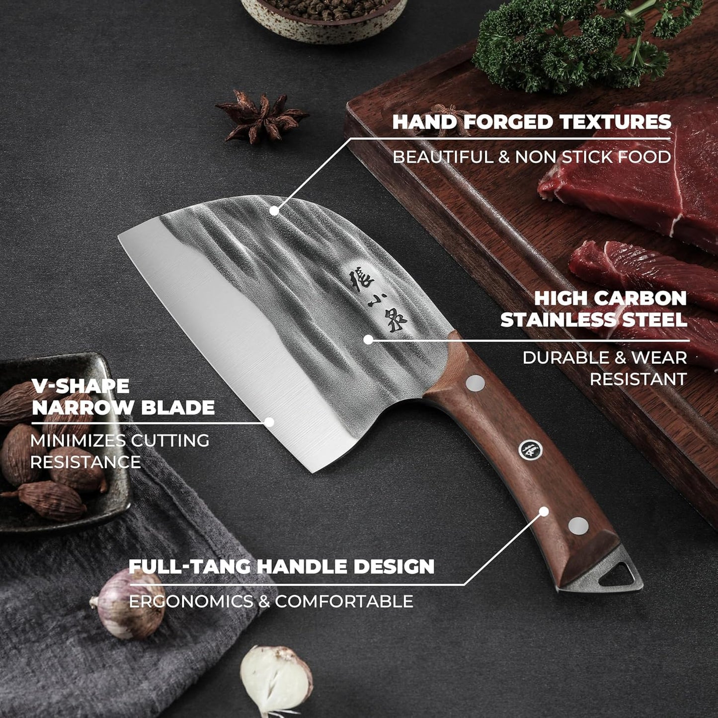Handmade Forged Ancient round Head Slicing Knife, Stainless Steel Professional Chinese Chopper Knife for Meat and Vegetable