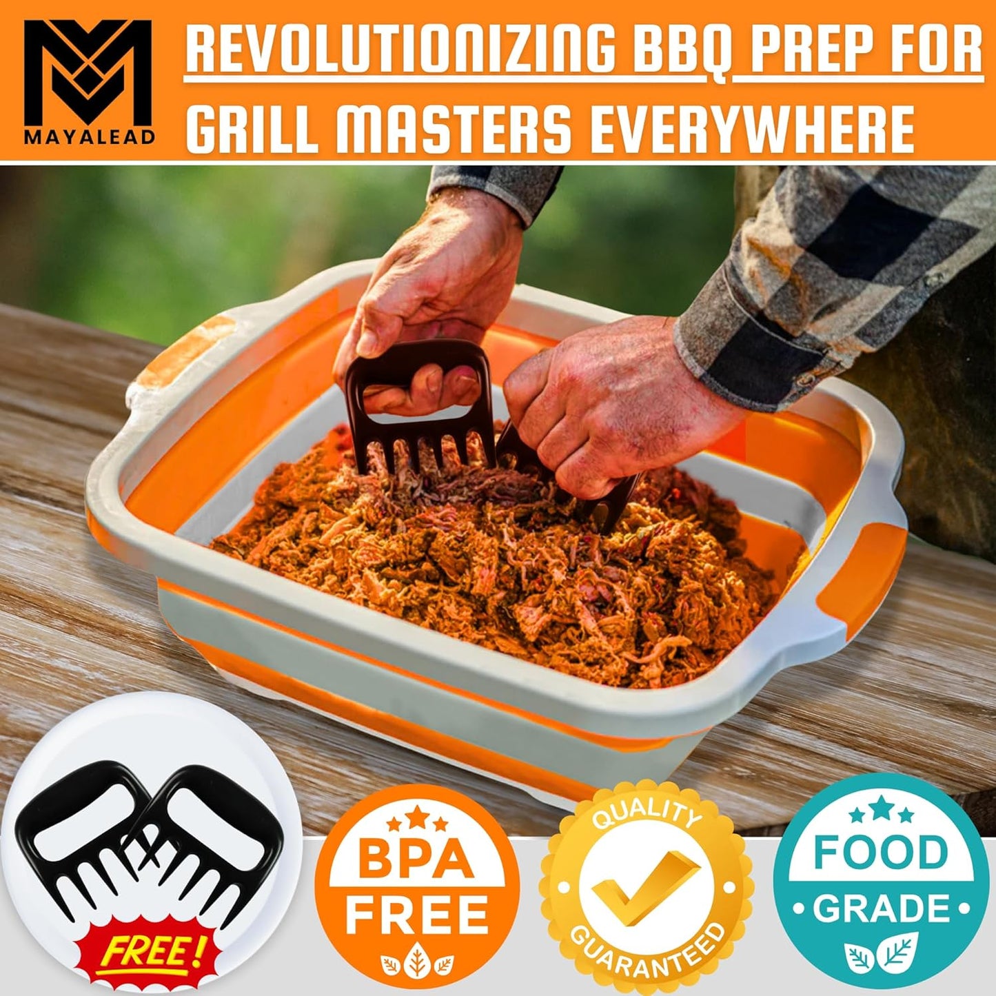 MAYALEAD BBQ Prep Tub with 2 Pcs Meat Shredder Claws, Collapsible Cutting Board, Cutting Board with Lids, Drip Easy BBQ Prep Tub with Lid-Xl Size