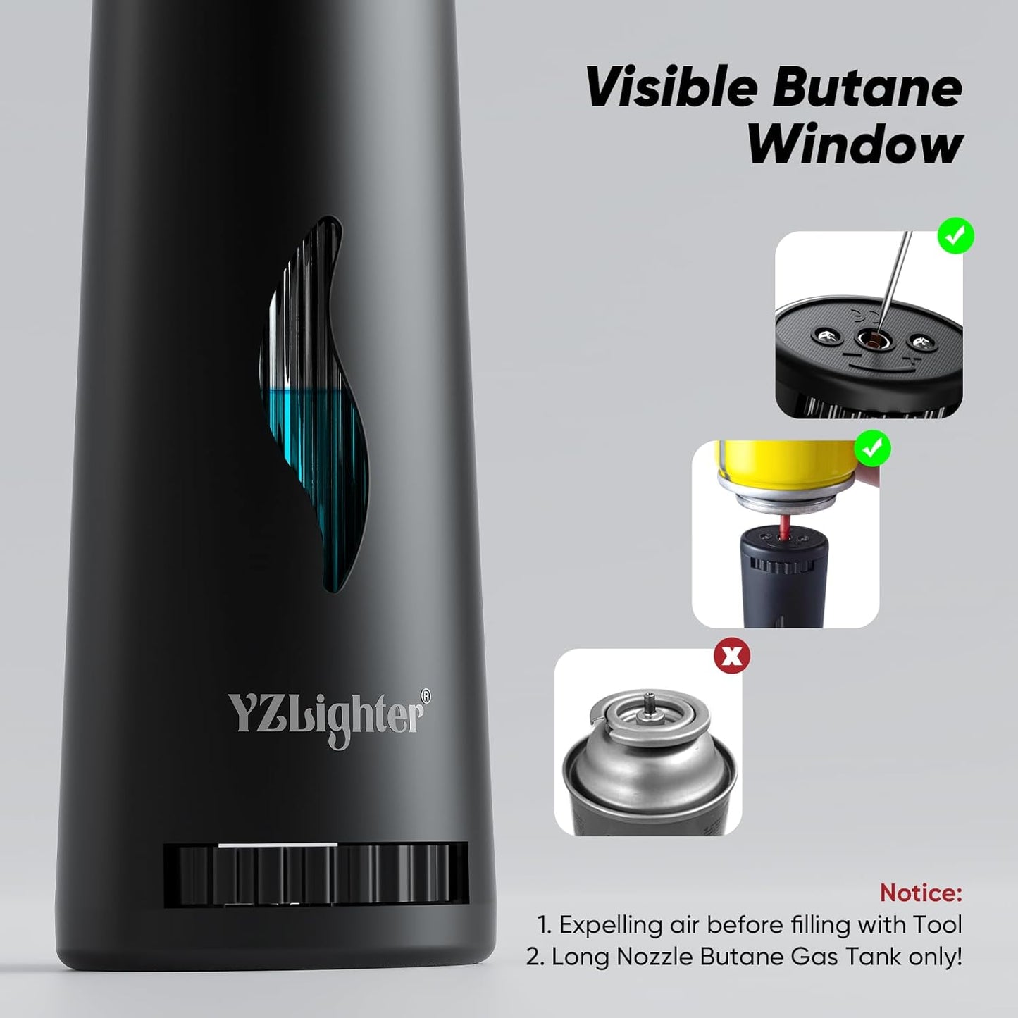 Butane Lighter Torch Long Lighter for Grill Fireplace, Refillable Lighter Windproof with Visual Fuel Window Flexible Extra Long Torch Lighter for Camping BBQ Candles (No Butane Included)
