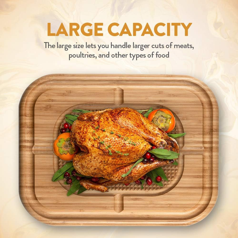 Turkey Platter for Thanksgiving - Carving Board for Turkey, Extra Large 18 X 13 Bamboo Cutting Board with Juice Groove - Reversible Butcher Block with Grid Grip & Deep Juice Well for Kitchen Gift Idea