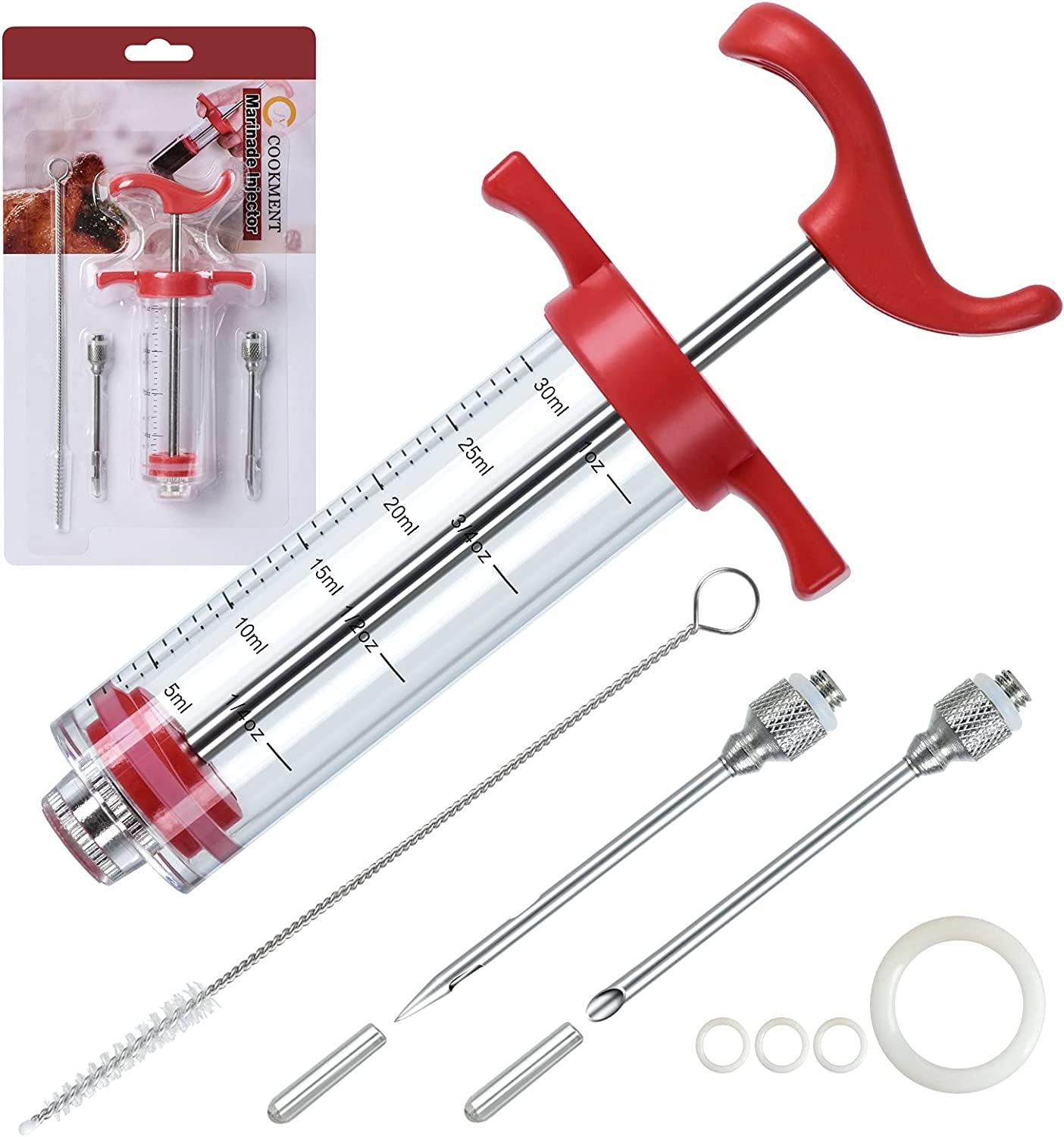 Meat Injector Syringe, 1-Oz Marinade Flavor Injector with 2 Professional Needles,1 Cleaning Brushes