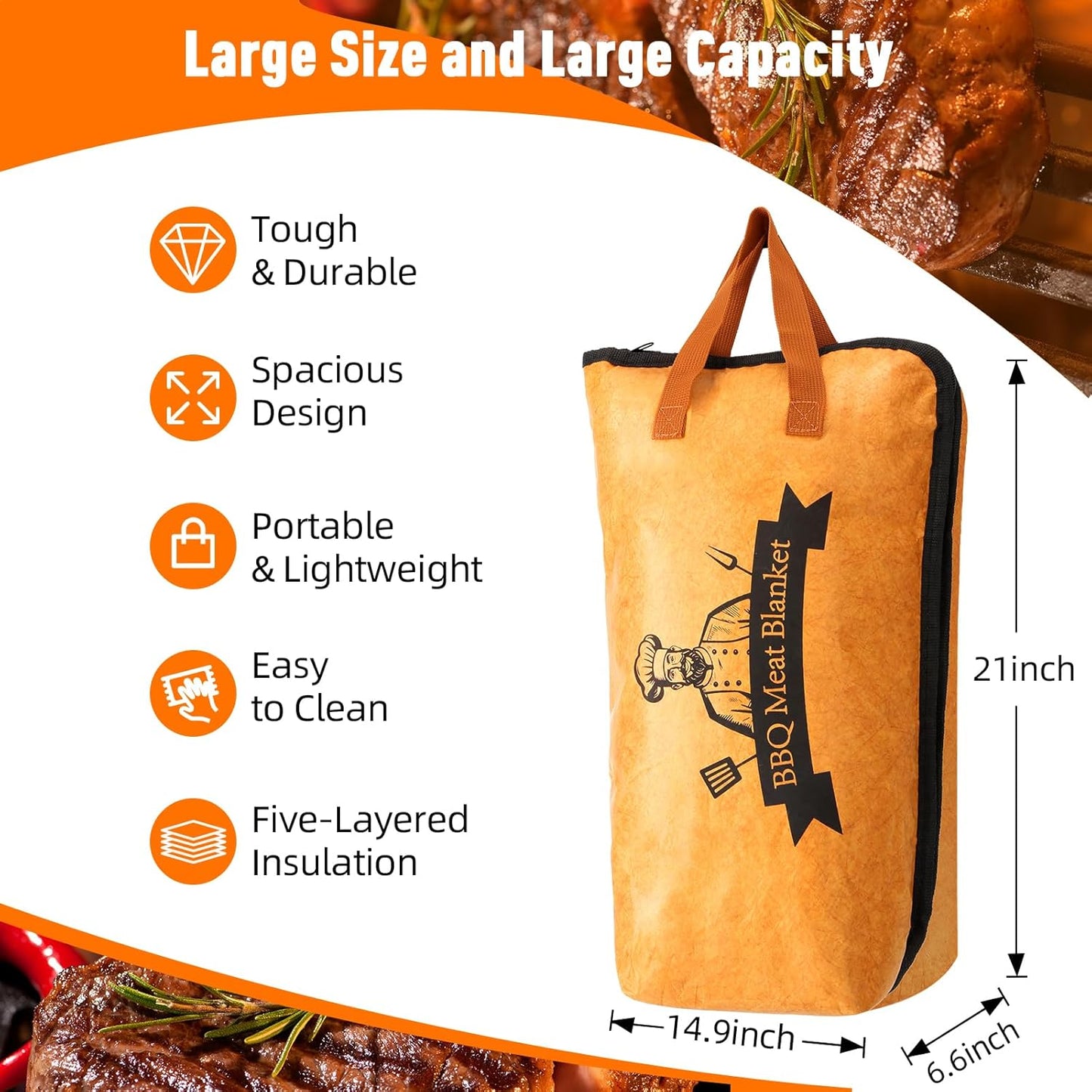 BBQ Blanket for Resting Meat,Smoker Meat Resting Blanket, Rusable Smoker Grilling Meat Insulated Resting Bag with Wide Mouth for Large Brisket/Pork Shoulders/Turkeys,Gifts for Men (BBQ Blanket 21In)