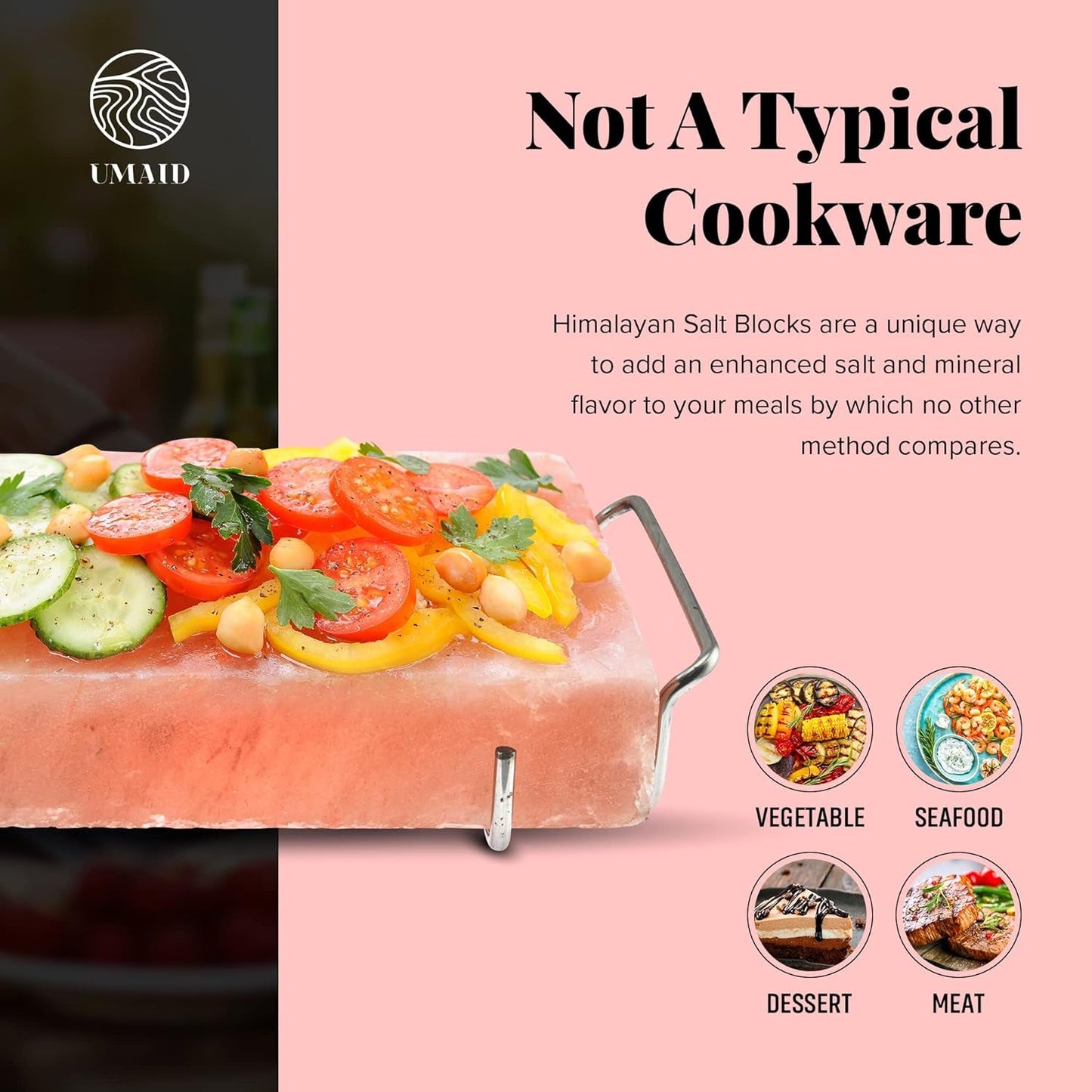 Himalayan Salt Block for Grilling, Cooking, Cutting and Serving,12X8X1.5 Food Grade Himalayan Pink Salt Stone on Stainless Steel Plate & Recipe Booklet, Unique Gifts for Men, Women, Chef, Cooks