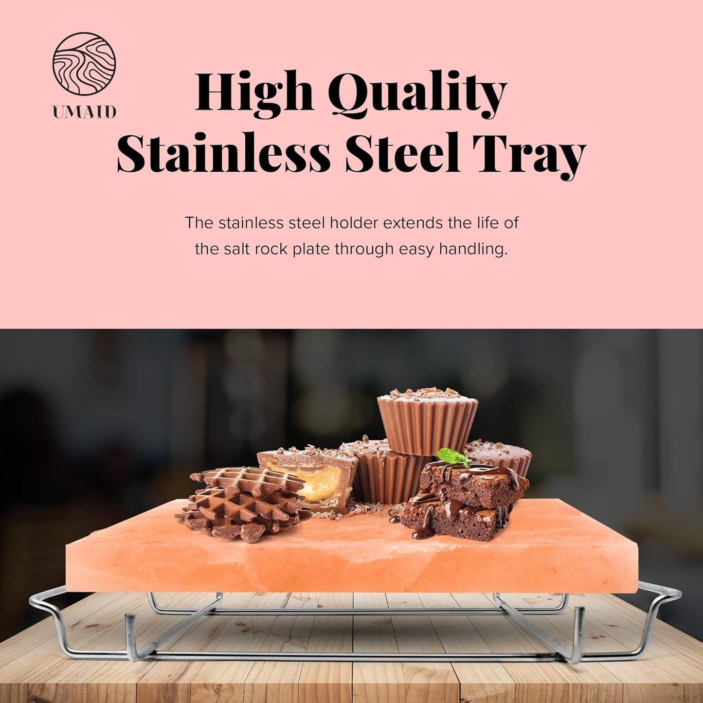 Himalayan Salt Block for Grilling, Cooking, Cutting and Serving,12X8X1.5 Food Grade Himalayan Pink Salt Stone on Stainless Steel Plate & Recipe Booklet, Unique Gifts for Men, Women, Chef, Cooks