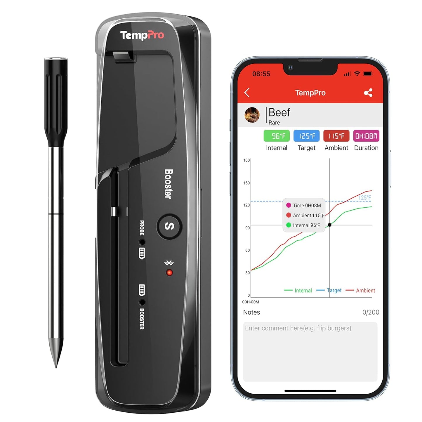 500-Ft-Ranged Wireless Meat Thermometer, Bluetooth Food Thermometer with Temperature Alarm, Digital Cooking Thermometer for Oven, Grill, Kitchen, BBQ, Smoker & Rotisserie