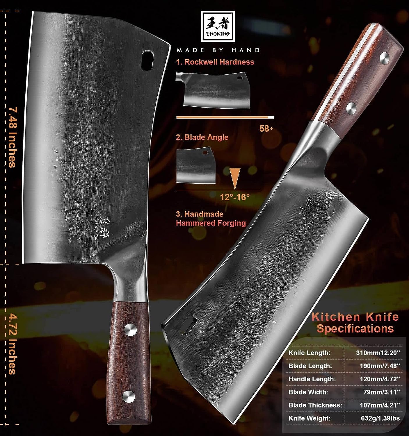 Cleaver Knife, 7.5 Inch Hand Forged Meat Cleaver Heavy Duty Bone Chopper German High Carbon Stainless Steel Butcher Knife with Full Tang Handle for Home Kitchen and Restaurant, Ultra Sharp