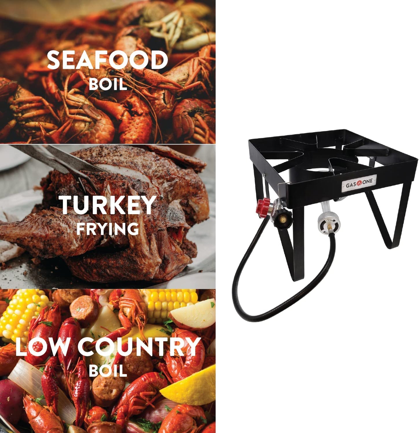 Gas One Turkey Fryer Propane Burner Complete Kit - Turkey Fry & Boil - with High Pressure Propane Regulator and Hose,Black