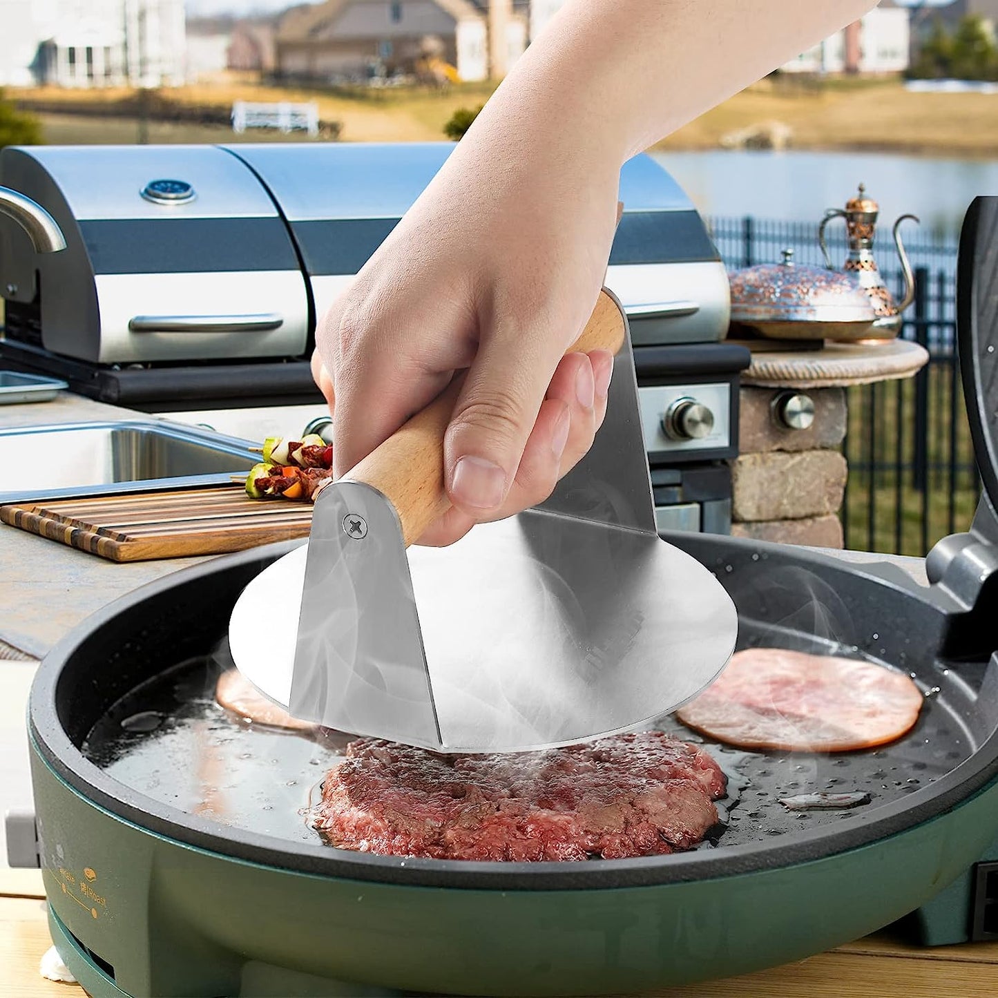 Smash Burger Press,Stainless Steel Non-Stick Hamburger Patty Maker for Flat Top Griddle,Bbq,Kitchen - 5.5” round Grill Tool,Wood Handle