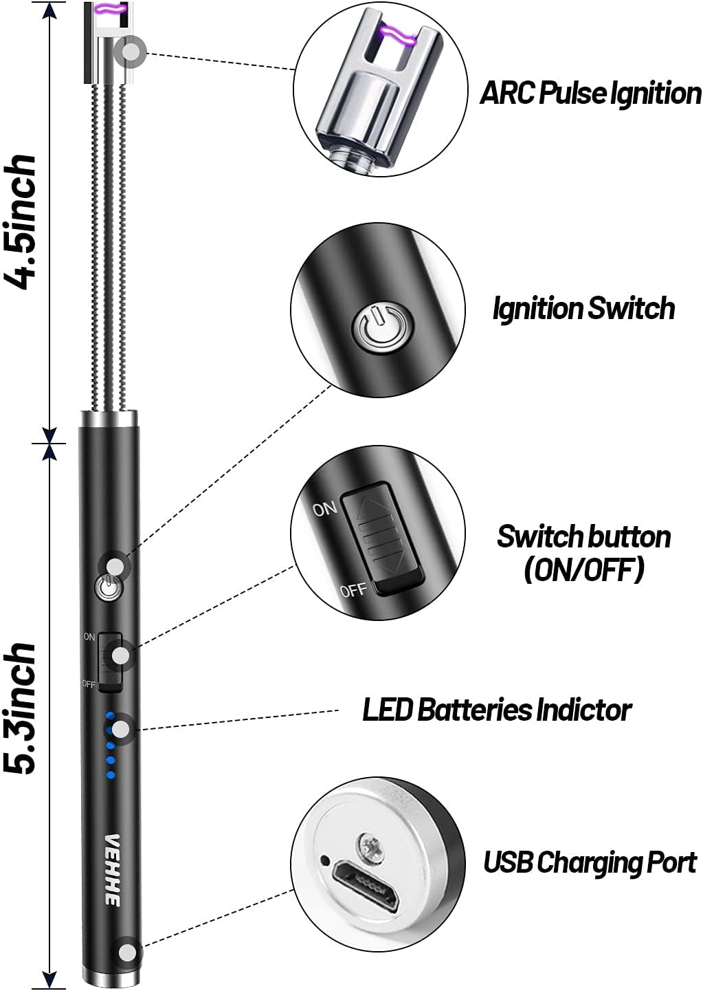 Candle Lighter, Electric Rechargeable Arc Lighter with LED Battery Display Long Flexible Neck USB Lighter for Light Candles Gas Stoves Camping Barbecue