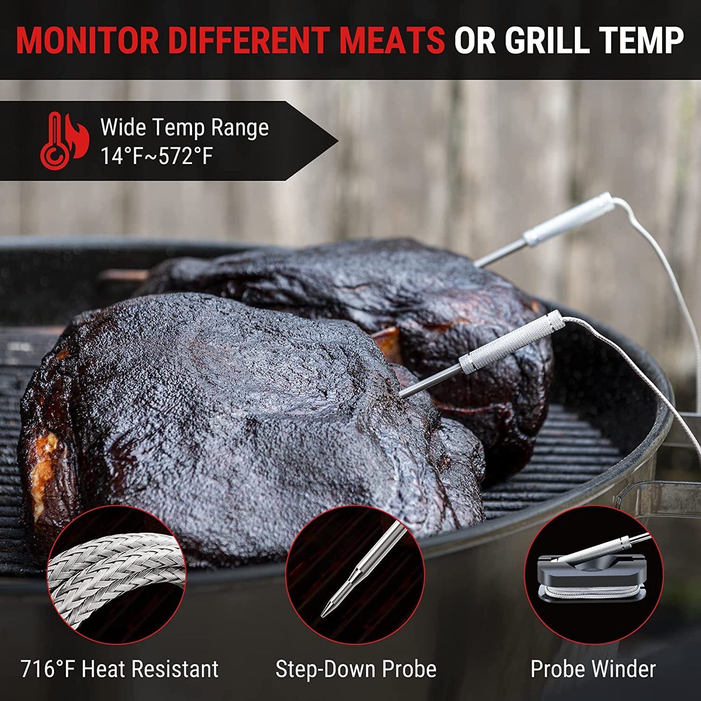 Wireless Meat Thermometer of 650FT, Bluetooth Meat Thermometer for Smoker Oven, Grill Thermometer with Dual Probes, Smart Rechargeable BBQ Thermometer for Cooking Turkey Fish Beef