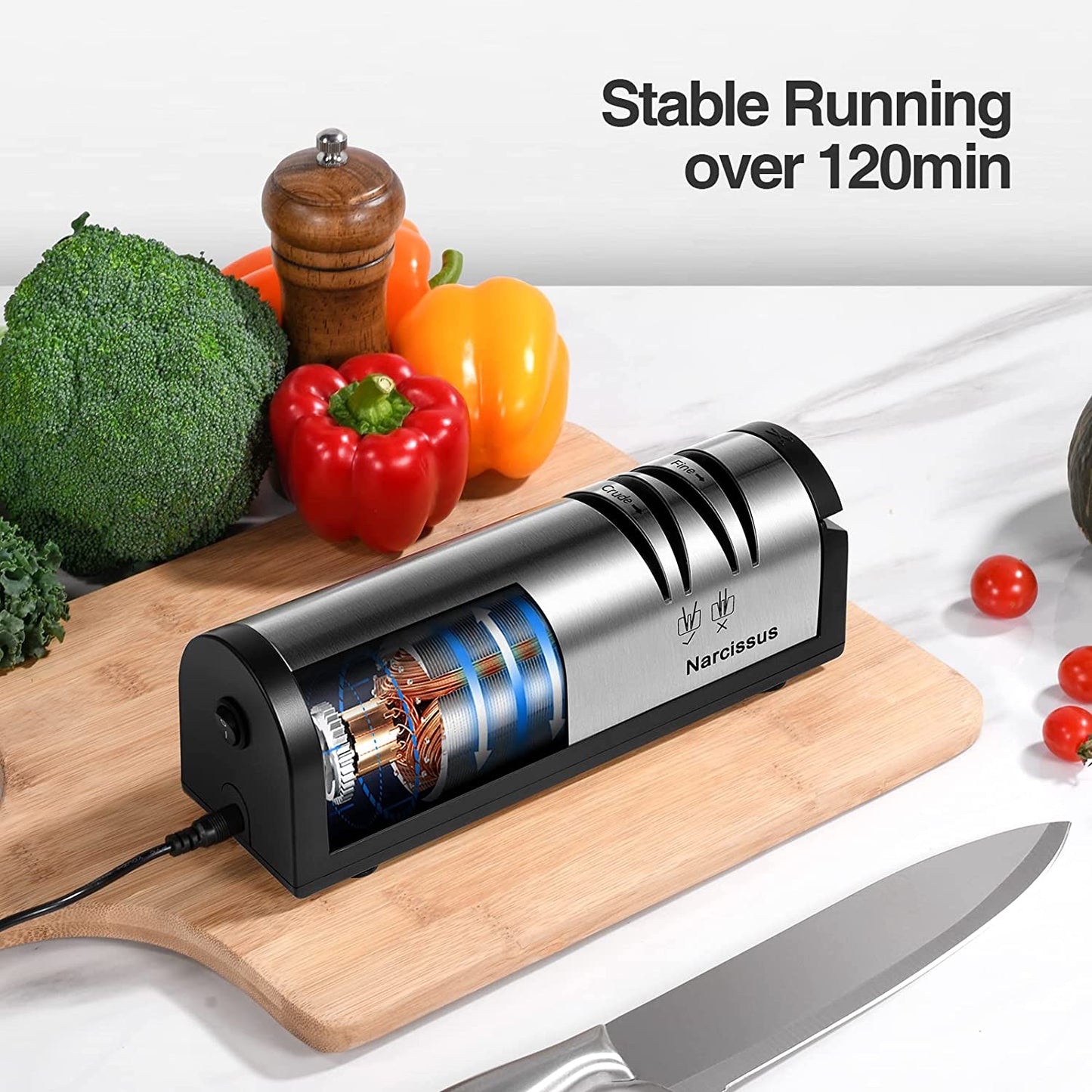 Knife Sharpener, Professional 2 Stage Electric Knife Sharpener for Quick Sharpening & Polishing, with Scissors Sharpener and Metal Dust Collection Box, Stainless Steel, Silver