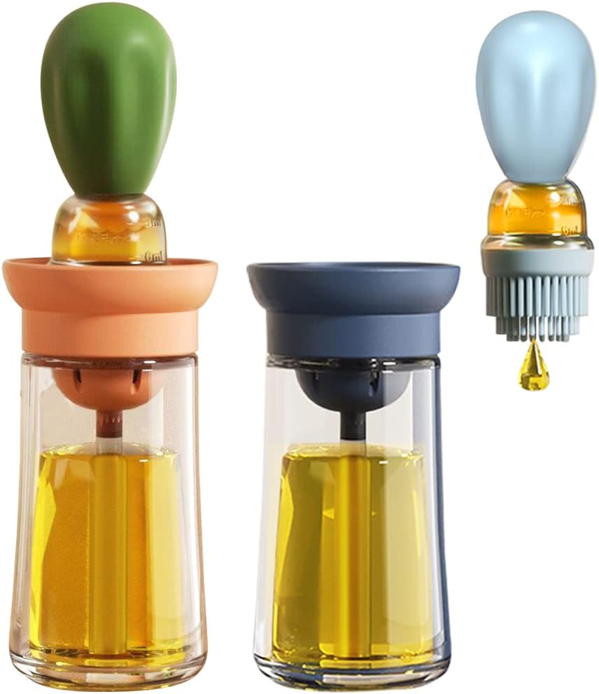 Oil Dispenser with Brush - 2 Pack Olive Oil Dispenser, 2 in 1 Oil Dispensing Bottle with Basting Brush for Cooking Frying Baking Kitchen, T-OB21 Blue+Green