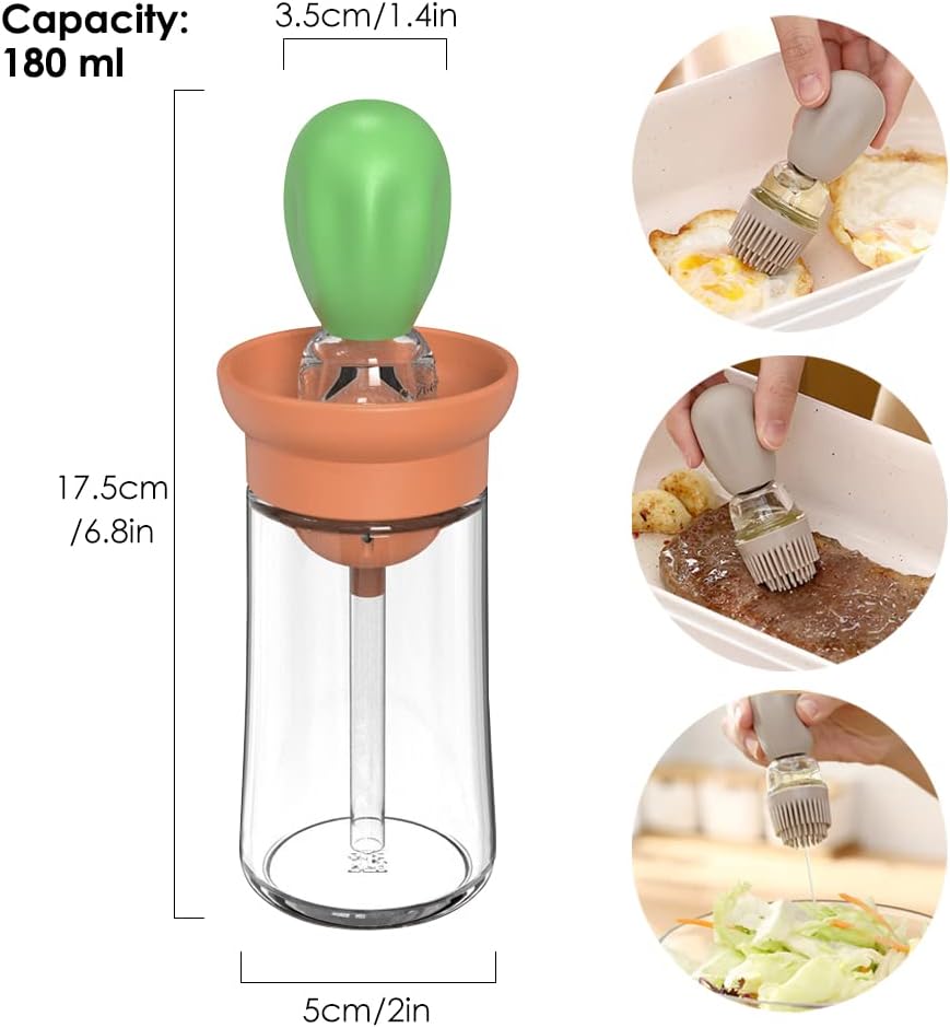 Oil Dispenser with Brush - 2 Pack Olive Oil Dispenser, 2 in 1 Oil Dispensing Bottle with Basting Brush for Cooking Frying Baking Kitchen, T-OB21 Blue+Green