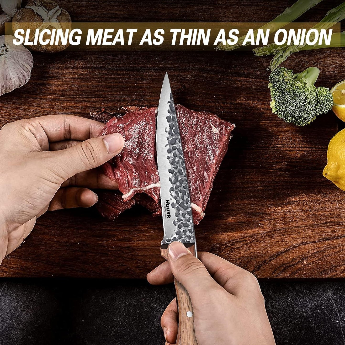 Huusk Knives from Japan, Boning Knife for Meat Cutting 6 Inch, Butcher Knife for Brisket Trimming, Viking Knife with Sheath for Outdoor Cooking, Full Tang Kitchen Utility Knife, Thanksgiving Gifts