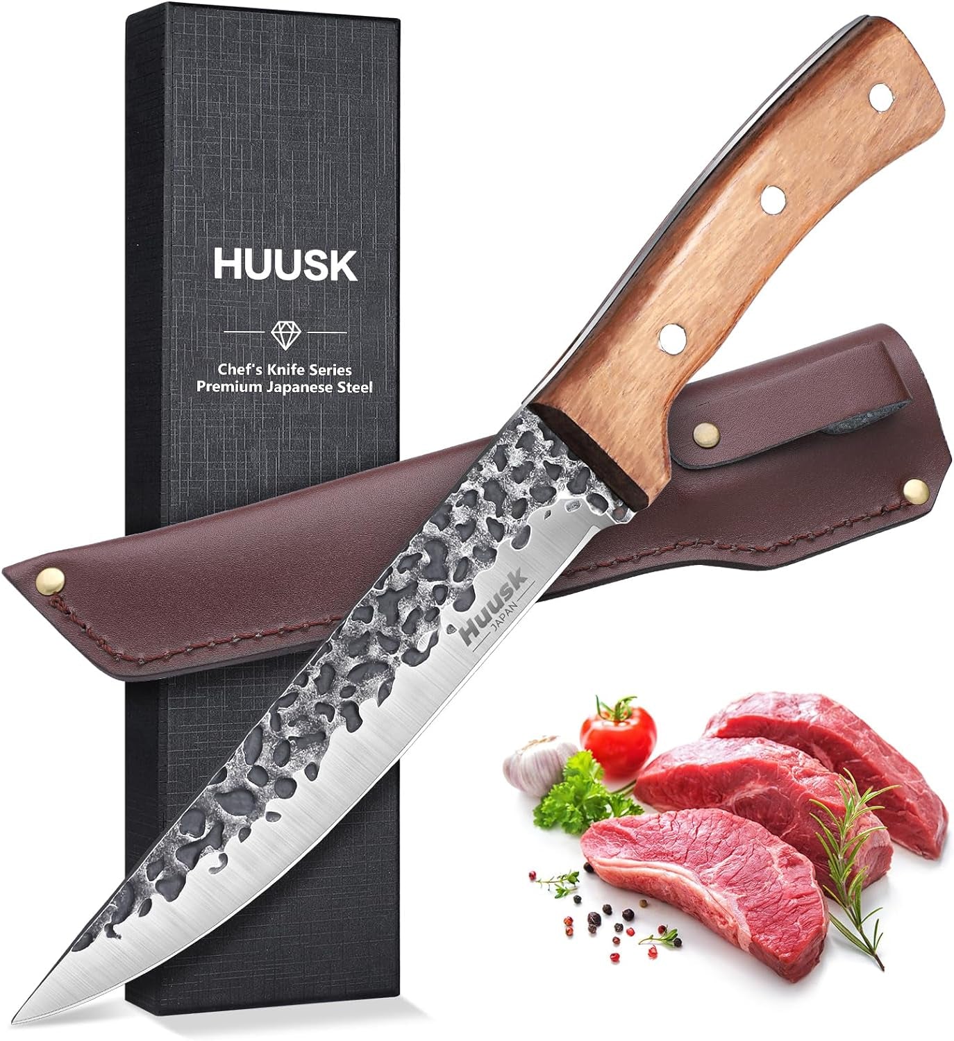 Huusk Knives from Japan, Boning Knife for Meat Cutting 6 Inch, Butcher Knife for Brisket Trimming, Viking Knife with Sheath for Outdoor Cooking, Full Tang Kitchen Utility Knife, Thanksgiving Gifts