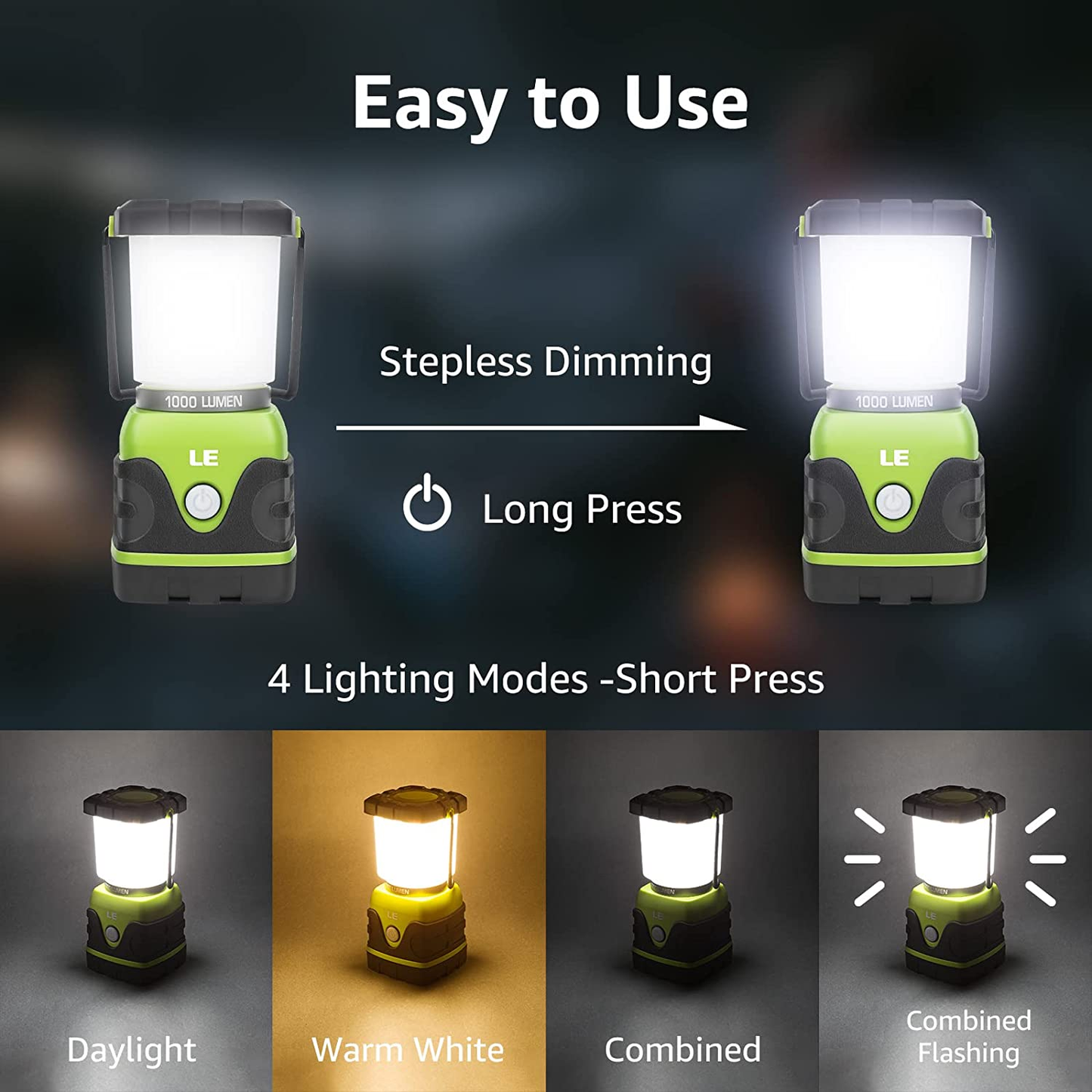 LE LED Camping Lantern, Battery Powered LED with 1000LM, 4 Light Modes, Waterproof Tent Light, Perfect Lantern Flashlight for Hurricane, Emergency, Survival Kits, Hiking, Fishing, Home and More