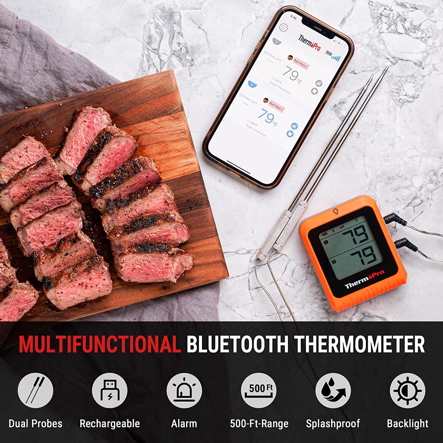 Wireless Meat Thermometer of 650FT, Bluetooth Meat Thermometer for Smoker Oven, Grill Thermometer with Dual Probes, Smart Rechargeable BBQ Thermometer for Cooking Turkey Fish Beef