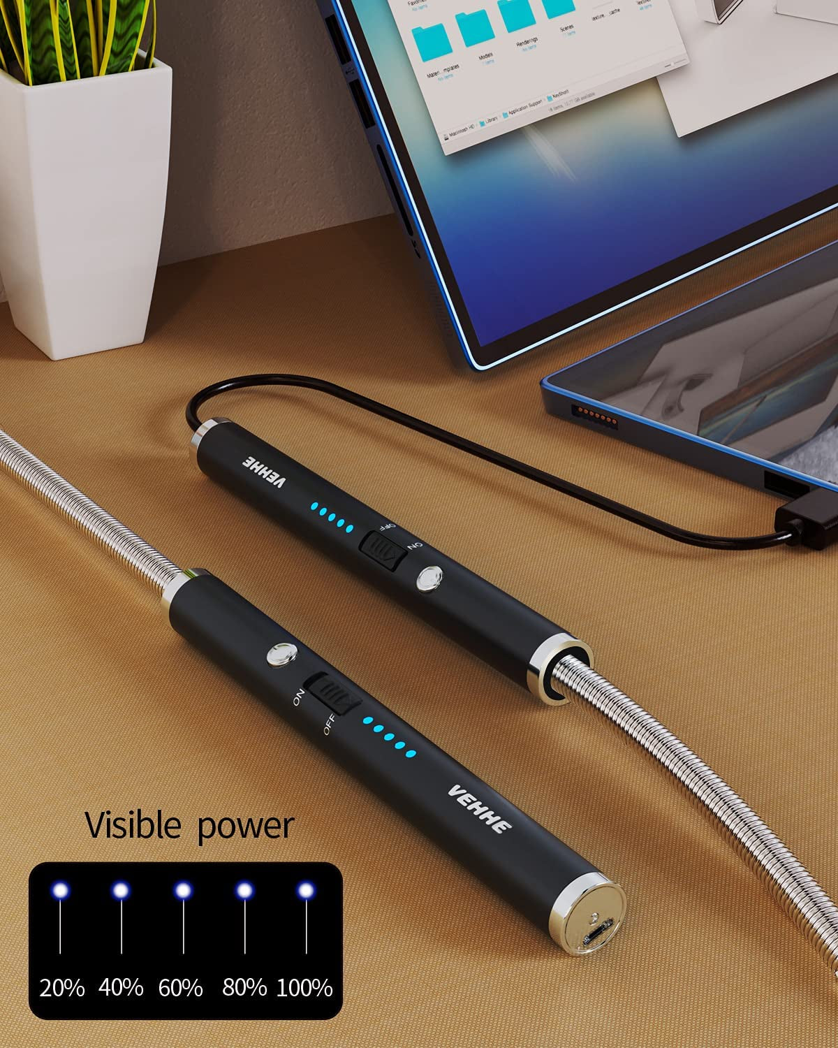 Candle Lighter, Electric Rechargeable Arc Lighter with LED Battery Display Long Flexible Neck USB Lighter for Light Candles Gas Stoves Camping Barbecue