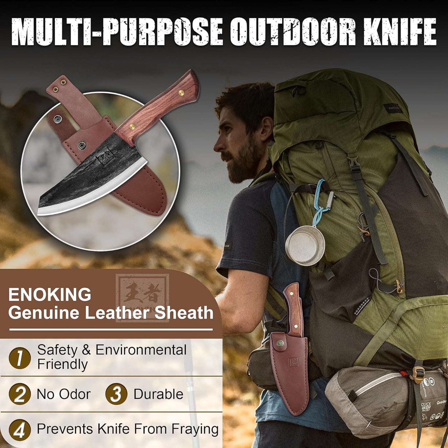 Nakiri Knife, 6.6 Inch Meat Cleaver Vegetable Kitchen Knife Hand Forged Japanese Chef Knife High Carbon Steel Chopping Knife with Leather Sheath Multipurpose Asian Knife for Home & Outdoor