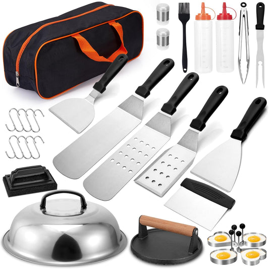 29PCS Blackstone Griddle Accessories Kit with Burger Press, Flat Top Grilling Accessories Set for Blackstone and Camp Chef, Metal Grill BBQ Enlarged Spatulas Set with Scraper, Carry Bag for Outdoor