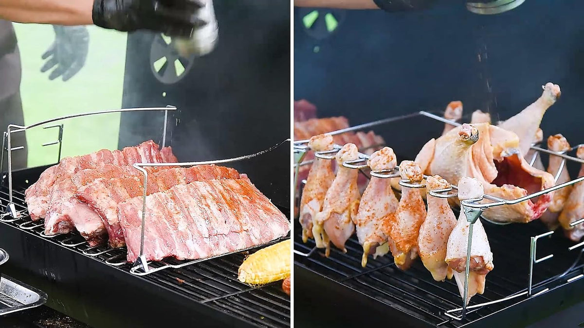 Academy Barbecue Racks 3-In-1 Rib Rack for Smoking & Chicken Leg Rack for Grill - Holds 6 Lar ...