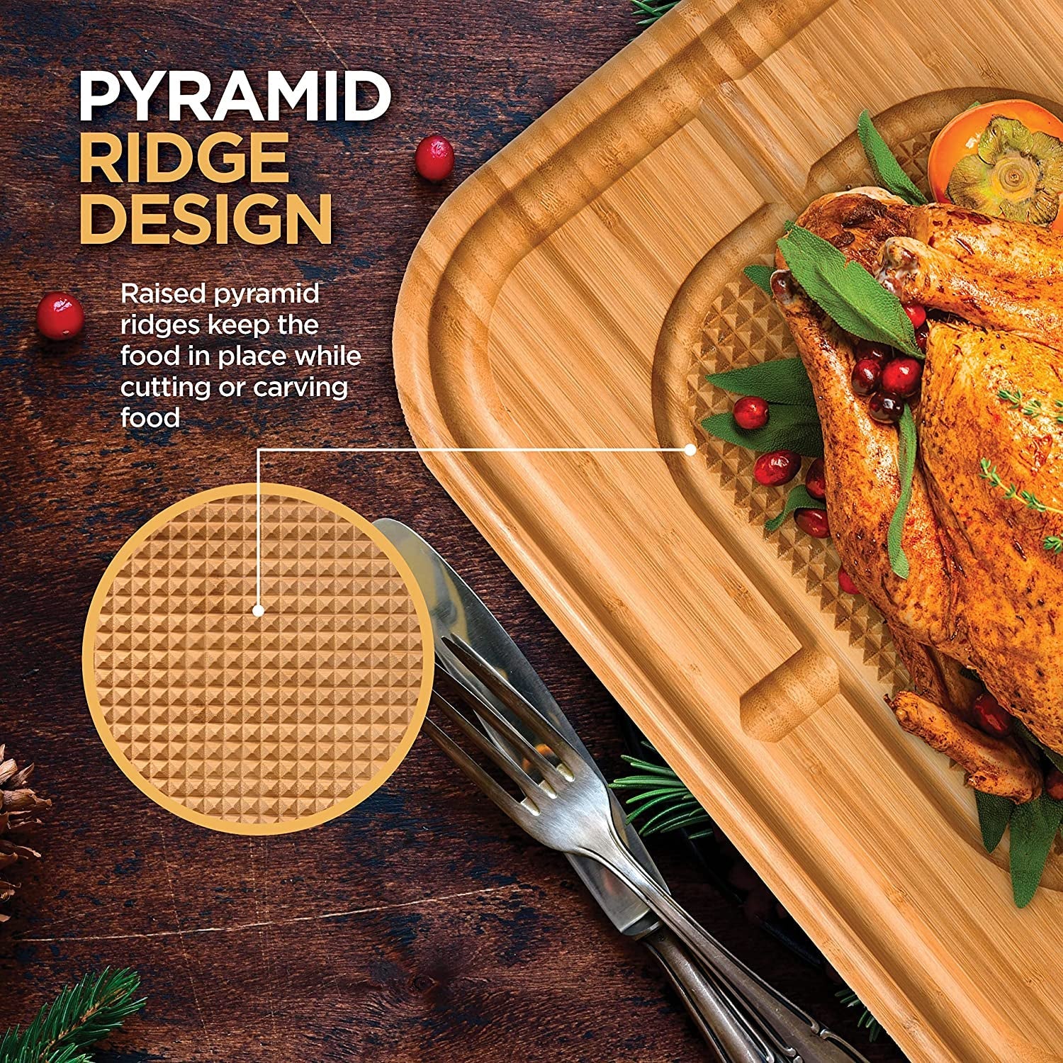 Turkey Platter for Thanksgiving - Carving Board for Turkey, Extra Large 18 X 13 Bamboo Cutting Board with Juice Groove - Reversible Butcher Block with Grid Grip & Deep Juice Well for Kitchen Gift Idea