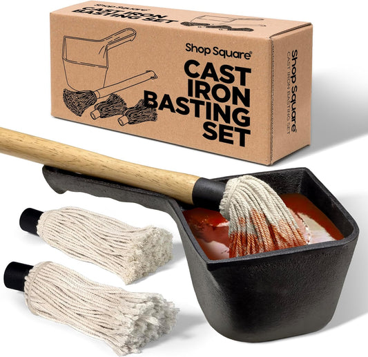 Cast Iron Basting Pot and BBQ Mop Brush - BBQ Basting Set with Saucepan and Brush for Meat Smoker, Grill and Stove - BBQ Meat Smoker Accessories Gift for Men, 24 Oz