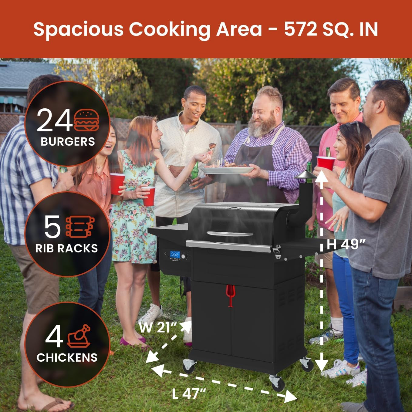 Wood Pellet Grill Smoker with PID Controller, 8-In-1 Master Sear BBQ Grill, Auto Temperature Control, Huge Storage Cabinet Side Shelf with Tool Hooks, 572 Sq in Cooking Area for Outdoor, 600D