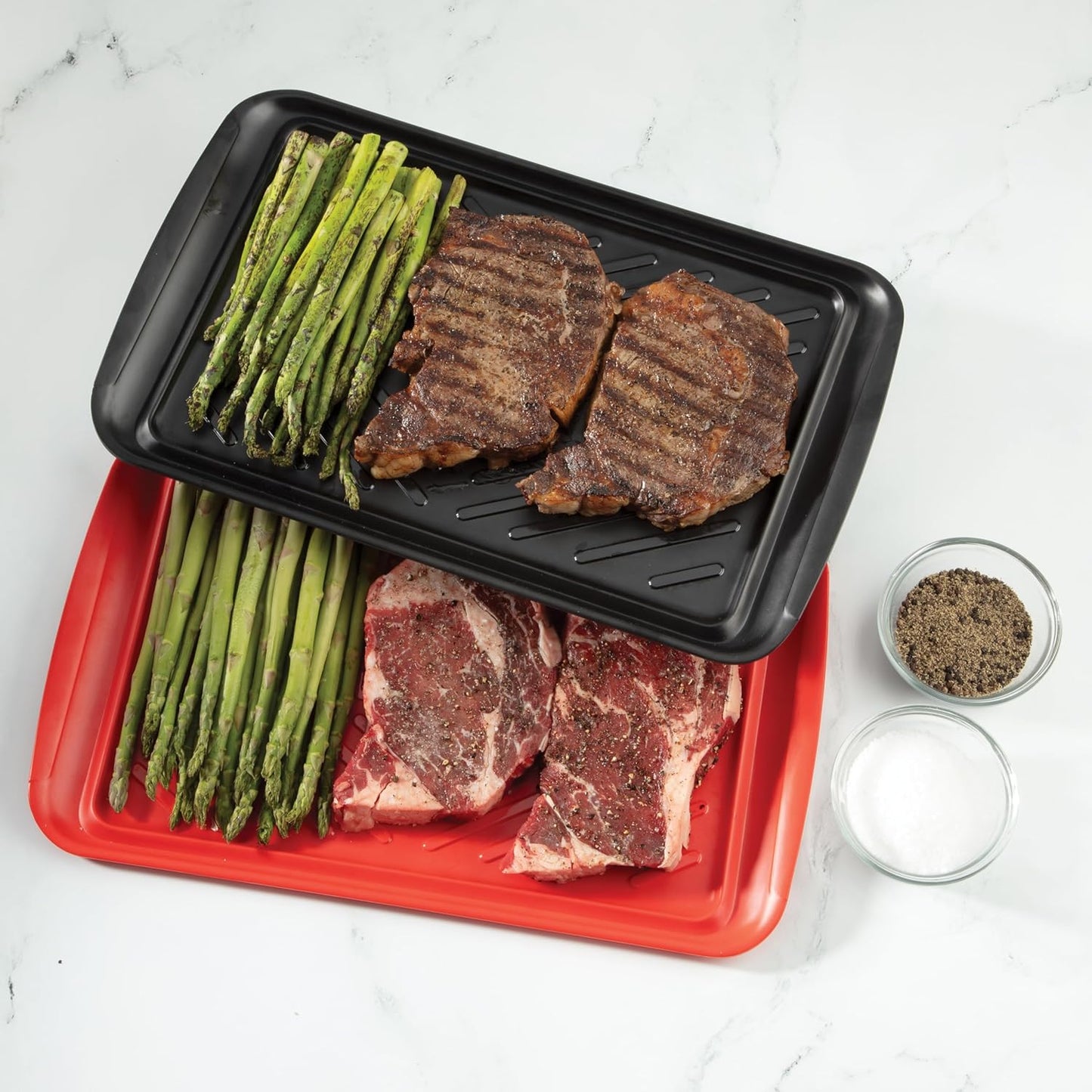 Grilling Prep & Serve Trays, 17X10.5 Inch BBQ Trays Safe for Food Handling, 2 Dishwasher Safe Nesting Trays Black & Red, Perfect Grilling Tray for Cooked & Raw Meat, Fits 6 Burgers