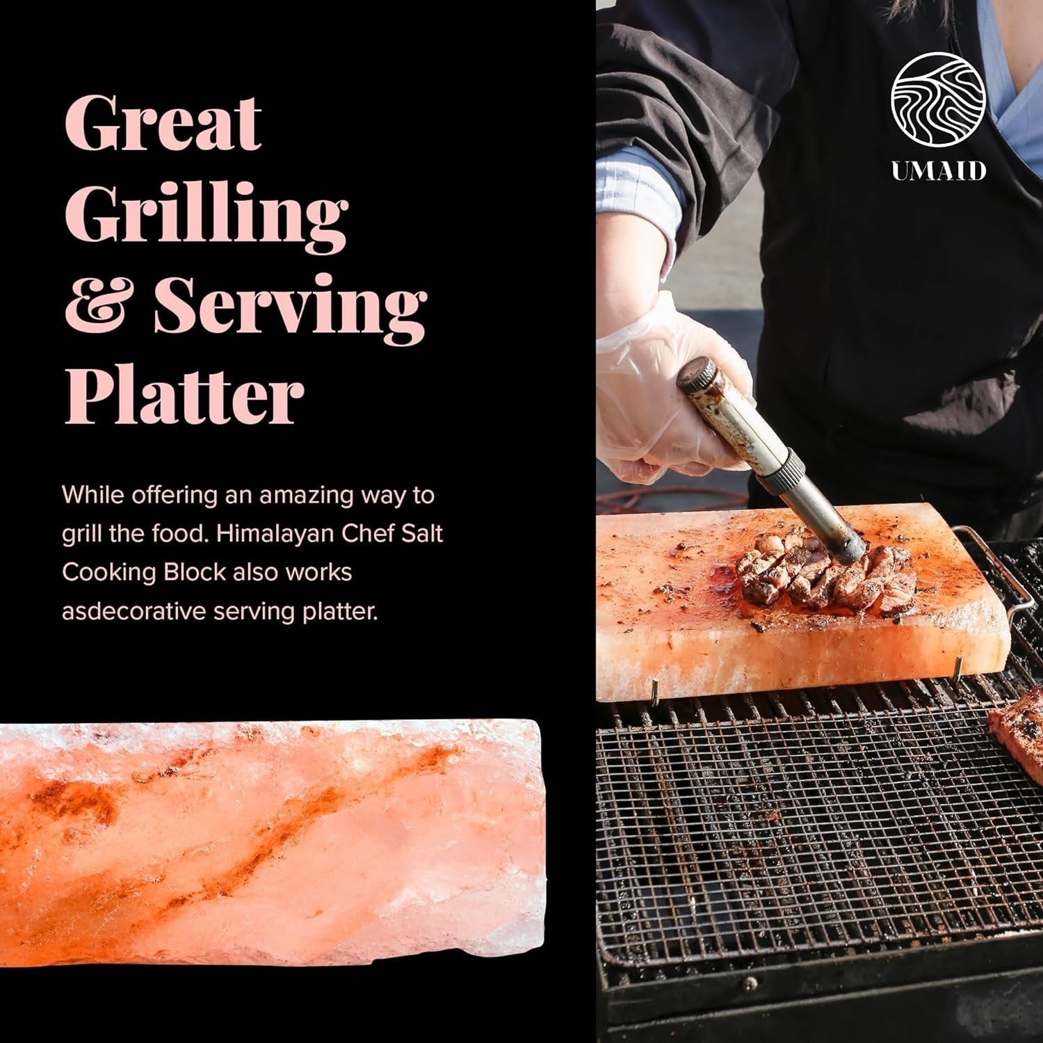 Himalayan Salt Block for Grilling, Cooking, Cutting and Serving,12X8X1.5 Food Grade Himalayan Pink Salt Stone on Stainless Steel Plate & Recipe Booklet, Unique Gifts for Men, Women, Chef, Cooks