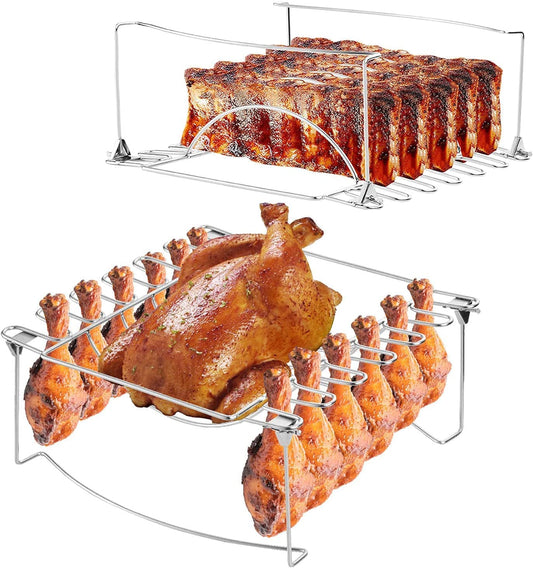 3-In-1 Rib Rack for Smoking & Chicken Leg Rack for Grill - Holds 6 Large Ribs, 12 Chicken Leg Wing, 1 Whole Chicken - Premium Foldable Space-Saving Chicken Drumstick Rib Racks for Grilling & Smoking