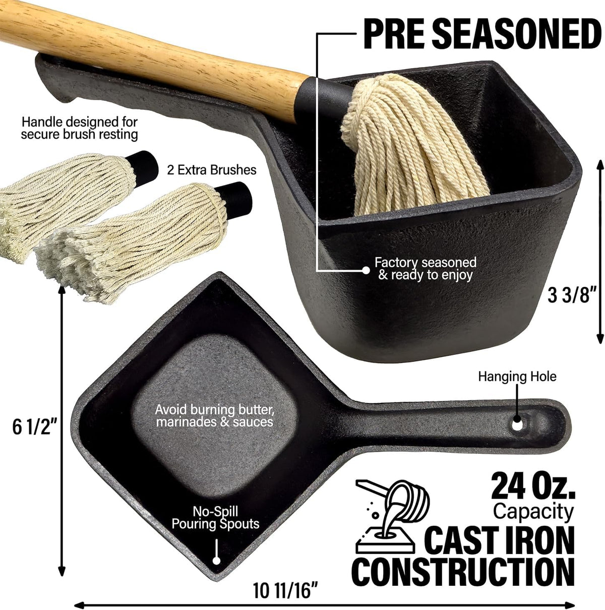 Meat Mop Cast Iron Basting Pot and BBQ Mop Brush - BBQ Basting Set with Saucepa ...