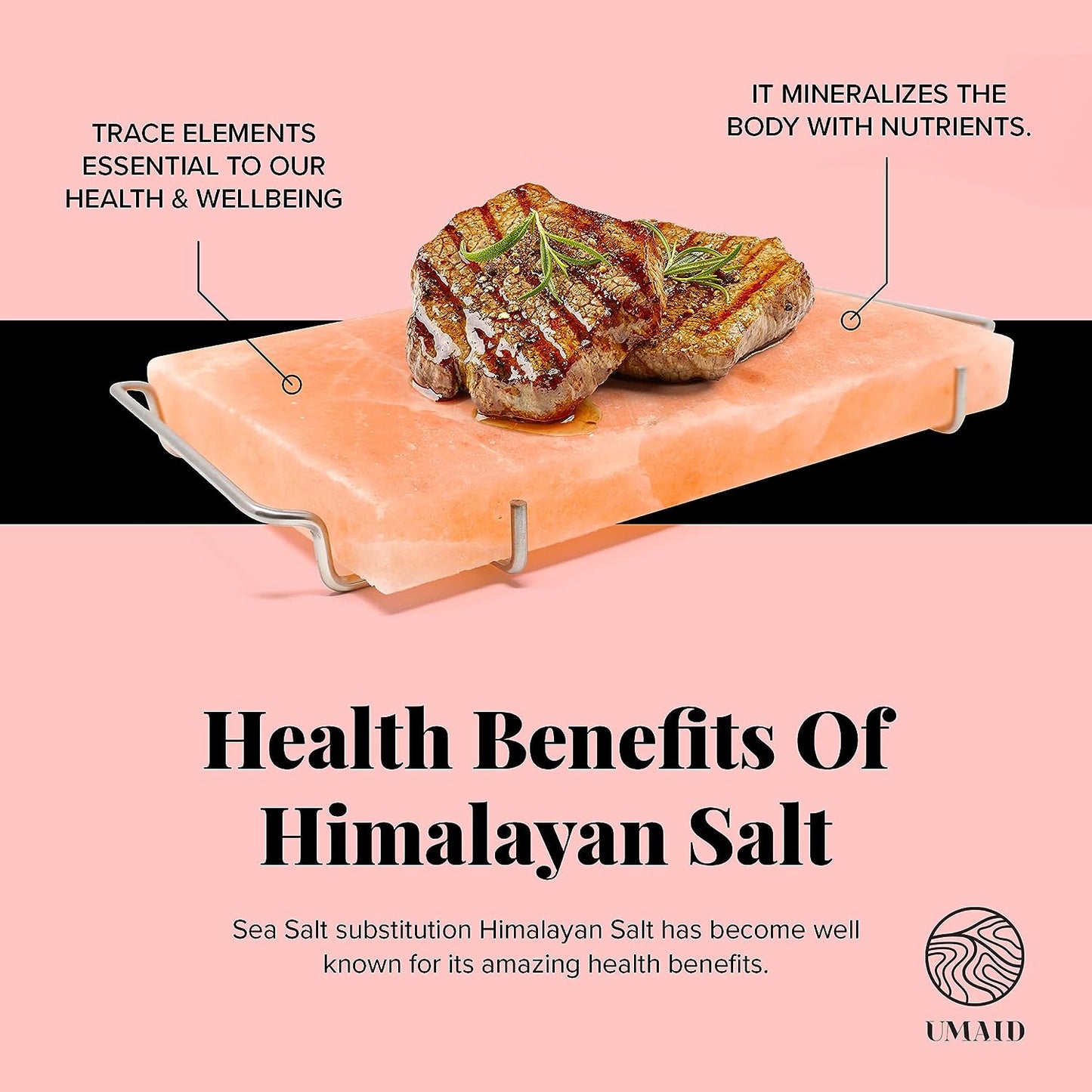 Himalayan Salt Block for Grilling, Cooking, Cutting and Serving,12X8X1.5 Food Grade Himalayan Pink Salt Stone on Stainless Steel Plate & Recipe Booklet, Unique Gifts for Men, Women, Chef, Cooks