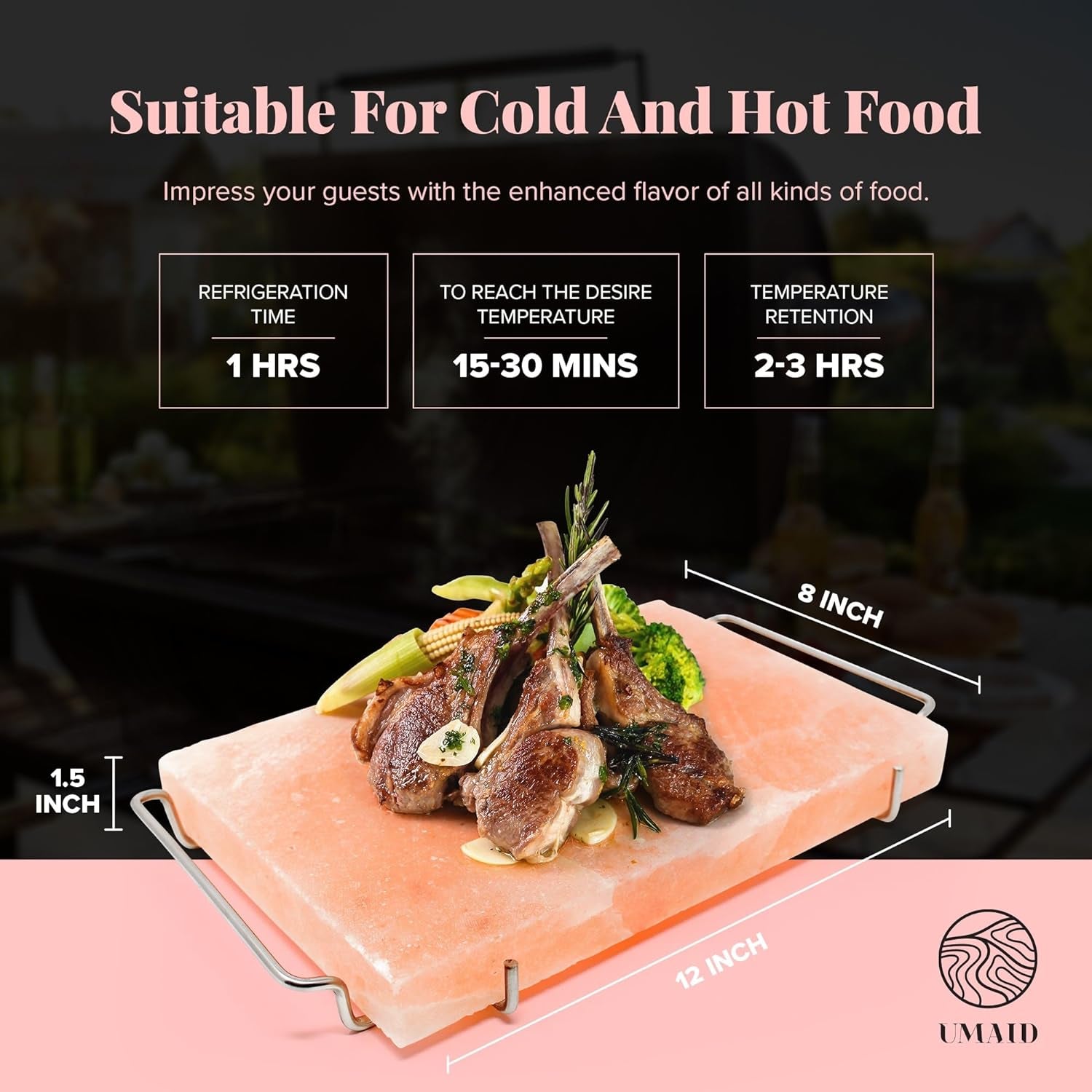 Himalayan Salt Block for Grilling, Cooking, Cutting and Serving,12X8X1.5 Food Grade Himalayan Pink Salt Stone on Stainless Steel Plate & Recipe Booklet, Unique Gifts for Men, Women, Chef, Cooks