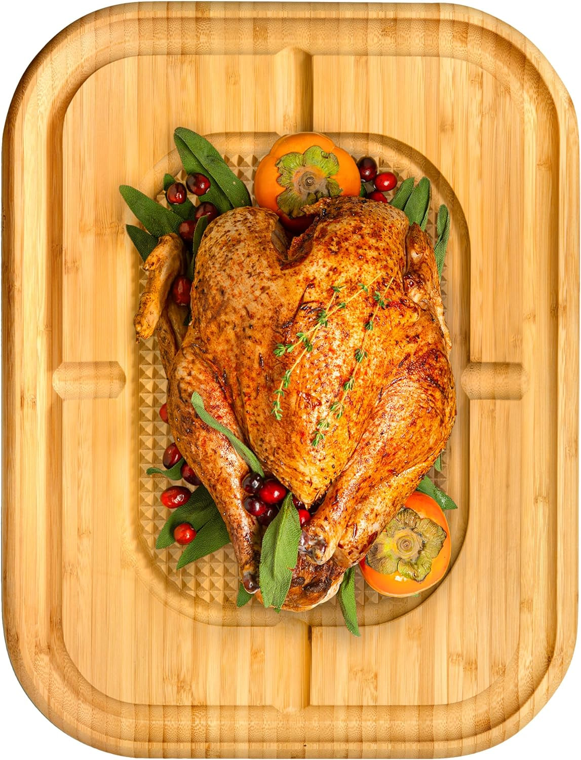 Turkey Platter for Thanksgiving - Carving Board for Turkey, Extra Large 18 X 13 Bamboo Cutting Board with Juice Groove - Reversible Butcher Block with Grid Grip & Deep Juice Well for Kitchen Gift Idea