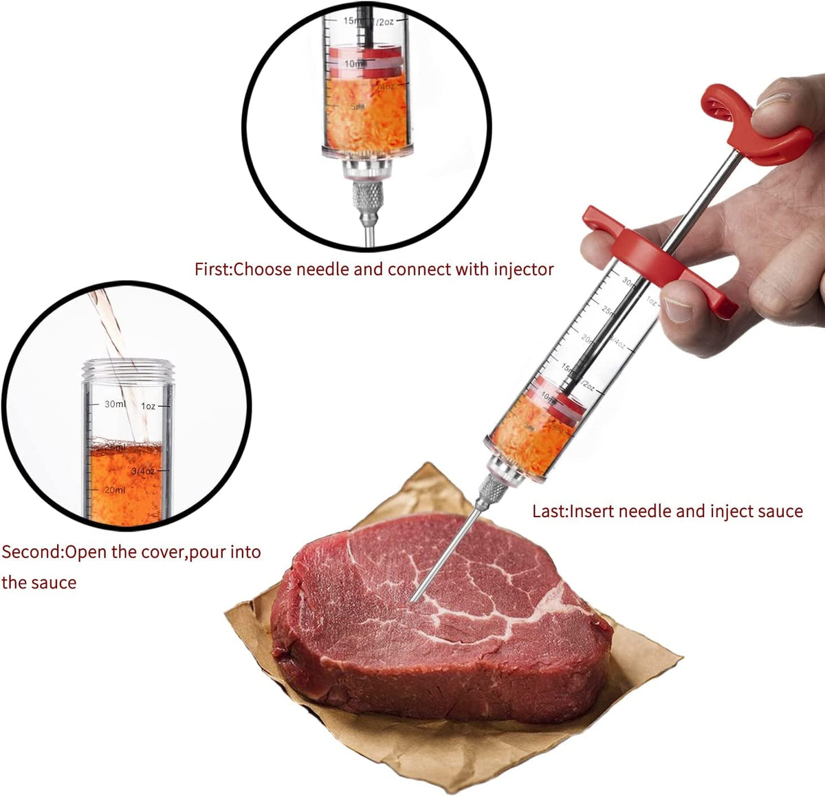 Meat Injection Needles Meat Injector Syringe, 1-Oz Marinade Flavor Injector with 2 Profession ...