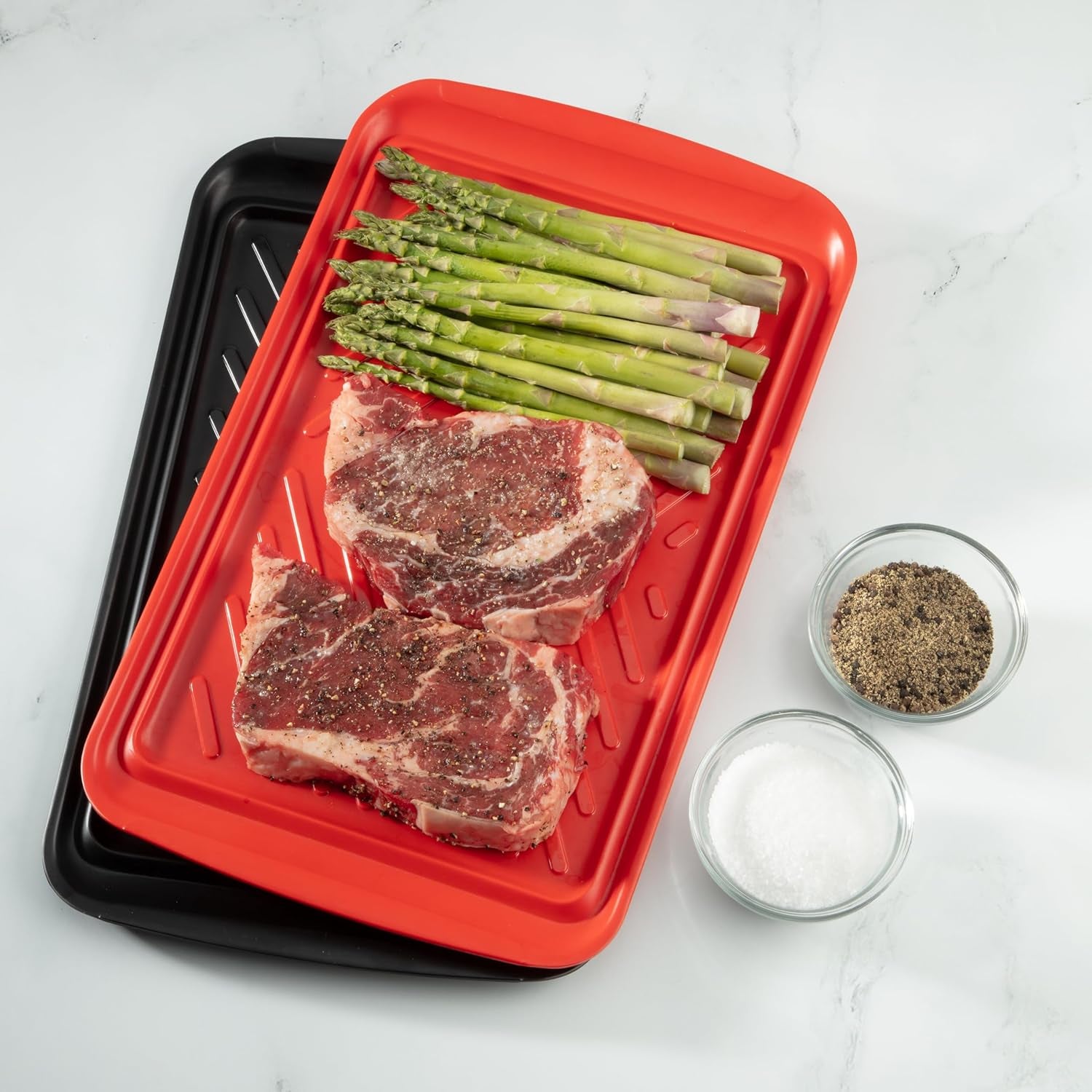 Grilling Prep & Serve Trays, 17X10.5 Inch BBQ Trays Safe for Food Handling, 2 Dishwasher Safe Nesting Trays Black & Red, Perfect Grilling Tray for Cooked & Raw Meat, Fits 6 Burgers