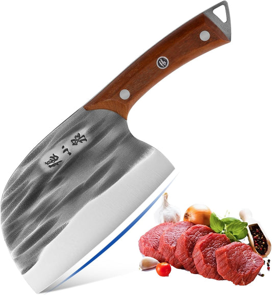 Handmade Forged Ancient round Head Slicing Knife, Stainless Steel Professional Chinese Chopper Knife for Meat and Vegetable