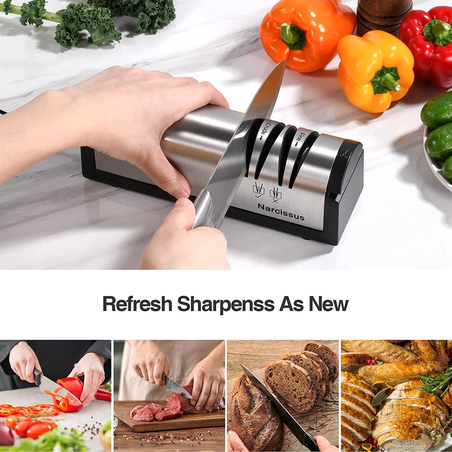 Knife Sharpener, Professional 2 Stage Electric Knife Sharpener for Quick Sharpening & Polishing, with Scissors Sharpener and Metal Dust Collection Box, Stainless Steel, Silver