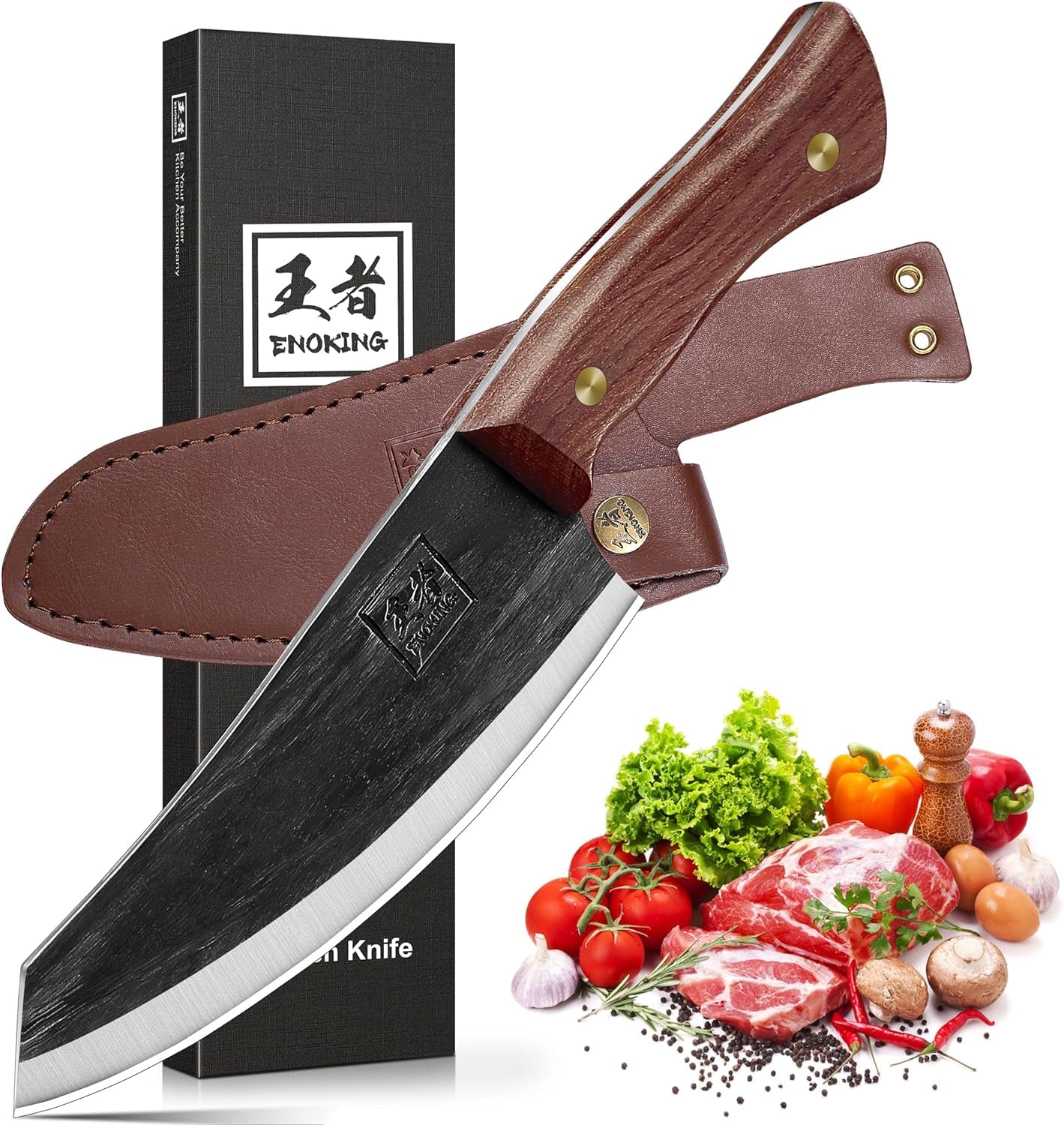 Nakiri Knife, 6.6 Inch Meat Cleaver Vegetable Kitchen Knife Hand Forged Japanese Chef Knife High Carbon Steel Chopping Knife with Leather Sheath Multipurpose Asian Knife for Home & Outdoor