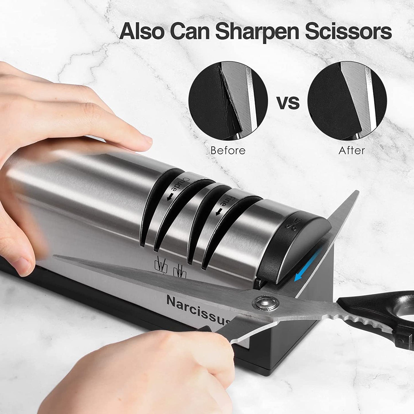 Knife Sharpener, Professional 2 Stage Electric Knife Sharpener for Quick Sharpening & Polishing, with Scissors Sharpener and Metal Dust Collection Box, Stainless Steel, Silver