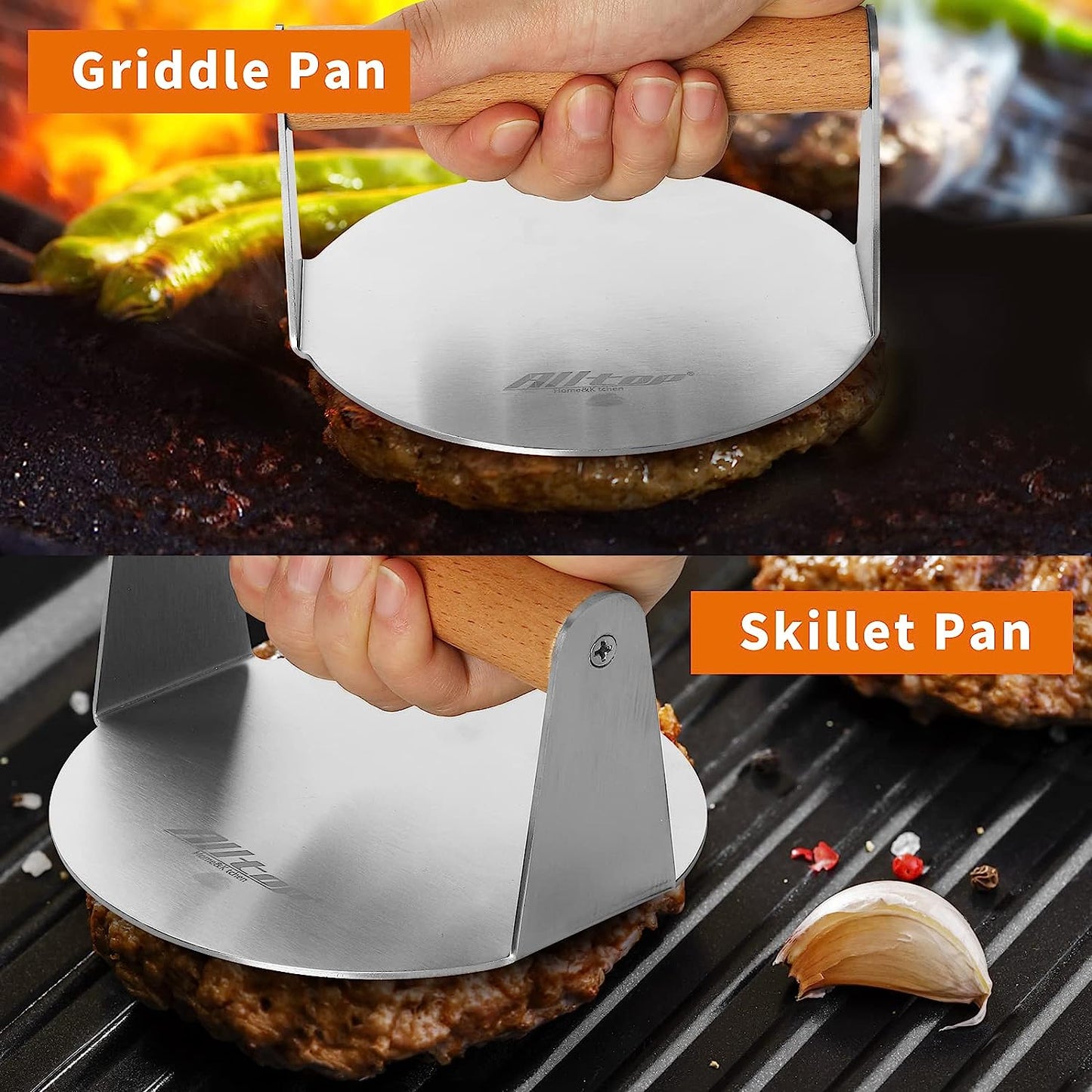 Smash Burger Press,Stainless Steel Non-Stick Hamburger Patty Maker for Flat Top Griddle,Bbq,Kitchen - 5.5” round Grill Tool,Wood Handle