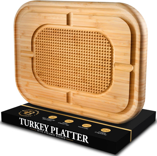 Turkey Platter for Thanksgiving - Carving Board for Turkey, Extra Large 18 X 13 Bamboo Cutting Board with Juice Groove - Reversible Butcher Block with Grid Grip & Deep Juice Well for Kitchen Gift Idea