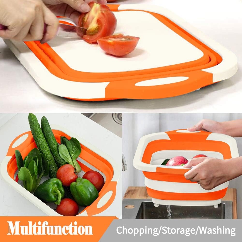 Collapsible Cutting Board, Foldable Chopping Board with Colander, Multifunctional Kitchen Vegetable Washing Basket Silicone Dish Tub for BBQ Prep/Picnic/Camping(Orange)